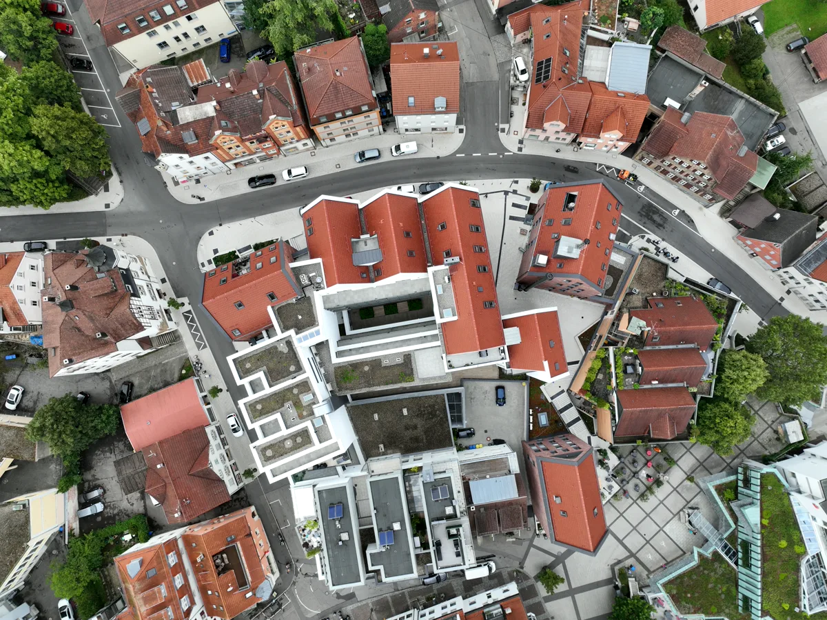 Senkrechte Luftaufnahme eines Wohnquartiers als Grundlage für Photogrammetrie